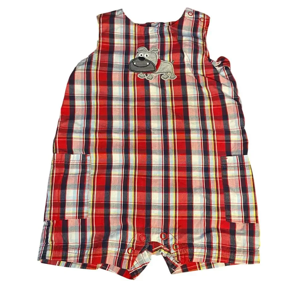 Carter's red blue plaid bulldog sleeveless‎ shorts boys romper SIZE 18M